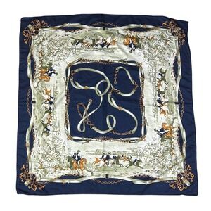 Equestrian Fox Hunt Italian Square Scarf Horse Belt Chain Print Navy Agona